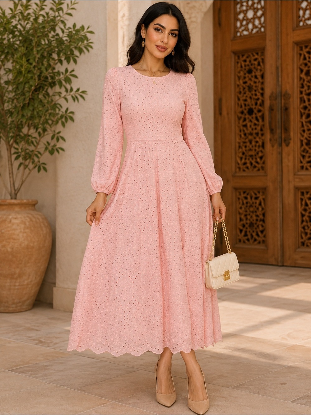 Urban Modesty Peach  Eyelet Maxi Dress with Long Sleeves Size Small